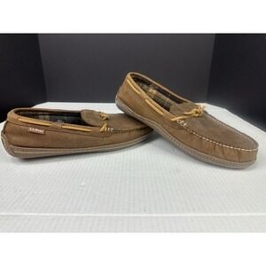 LL Bean Moccasin Slippers Men's Size 11M Flannel Lined Brown Leather 212164